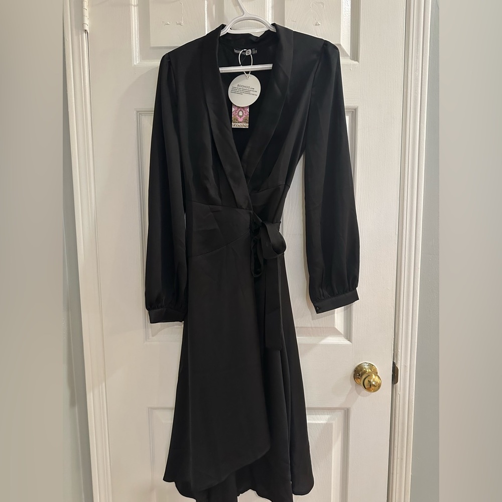 Bohoo black satin midi wrap dress with tags